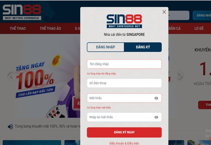 Đăng ký tài khoản Sin88 có mất phí