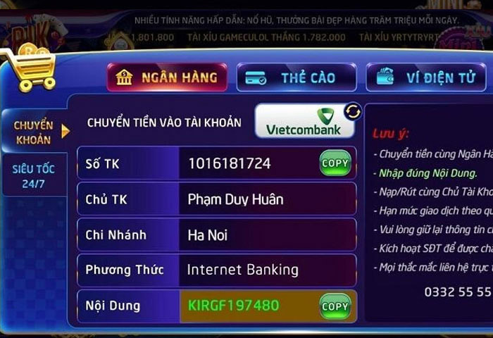 Nạp tiền Rikvip qua ngân hàng