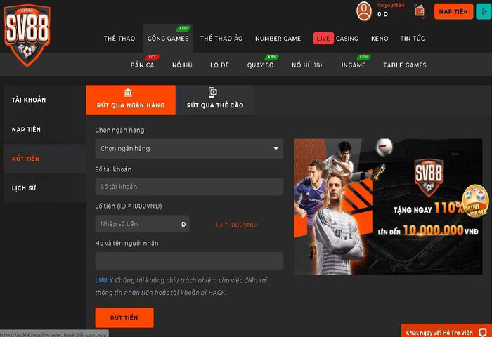 Các hình thức rút tiền sv88