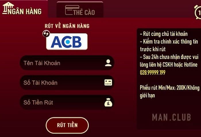 rút tiền cổng game Manclub qua Ngân Hàng